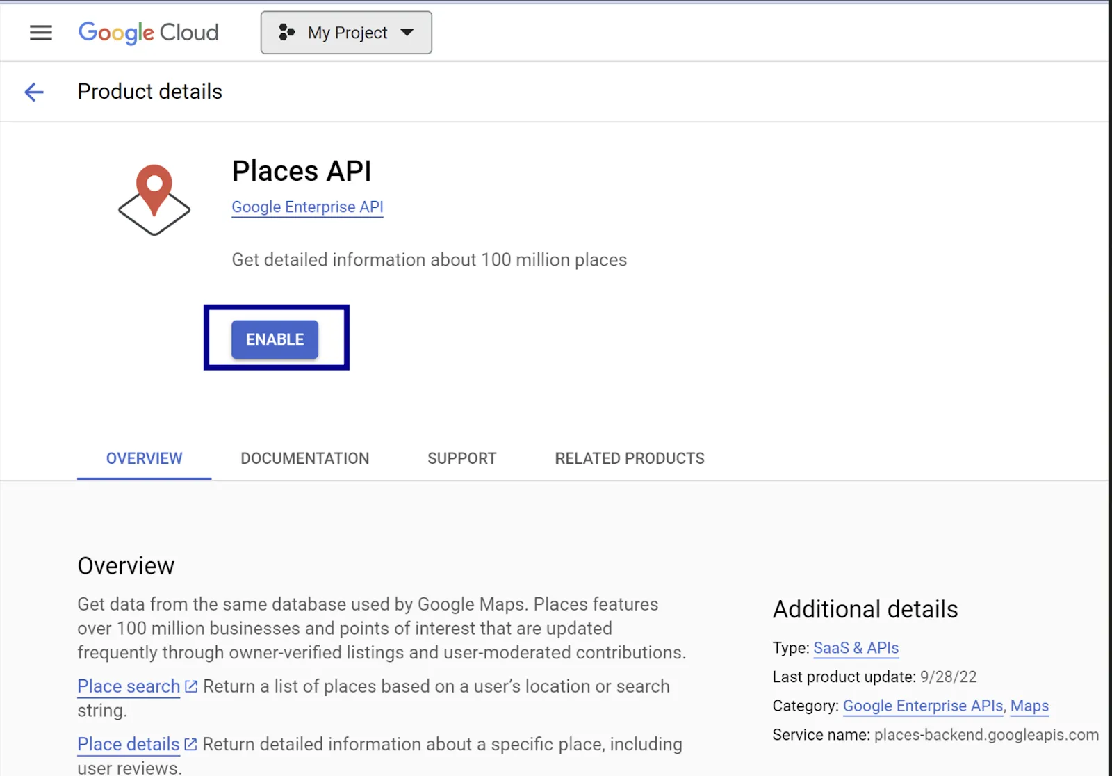 Enable 'Place API'